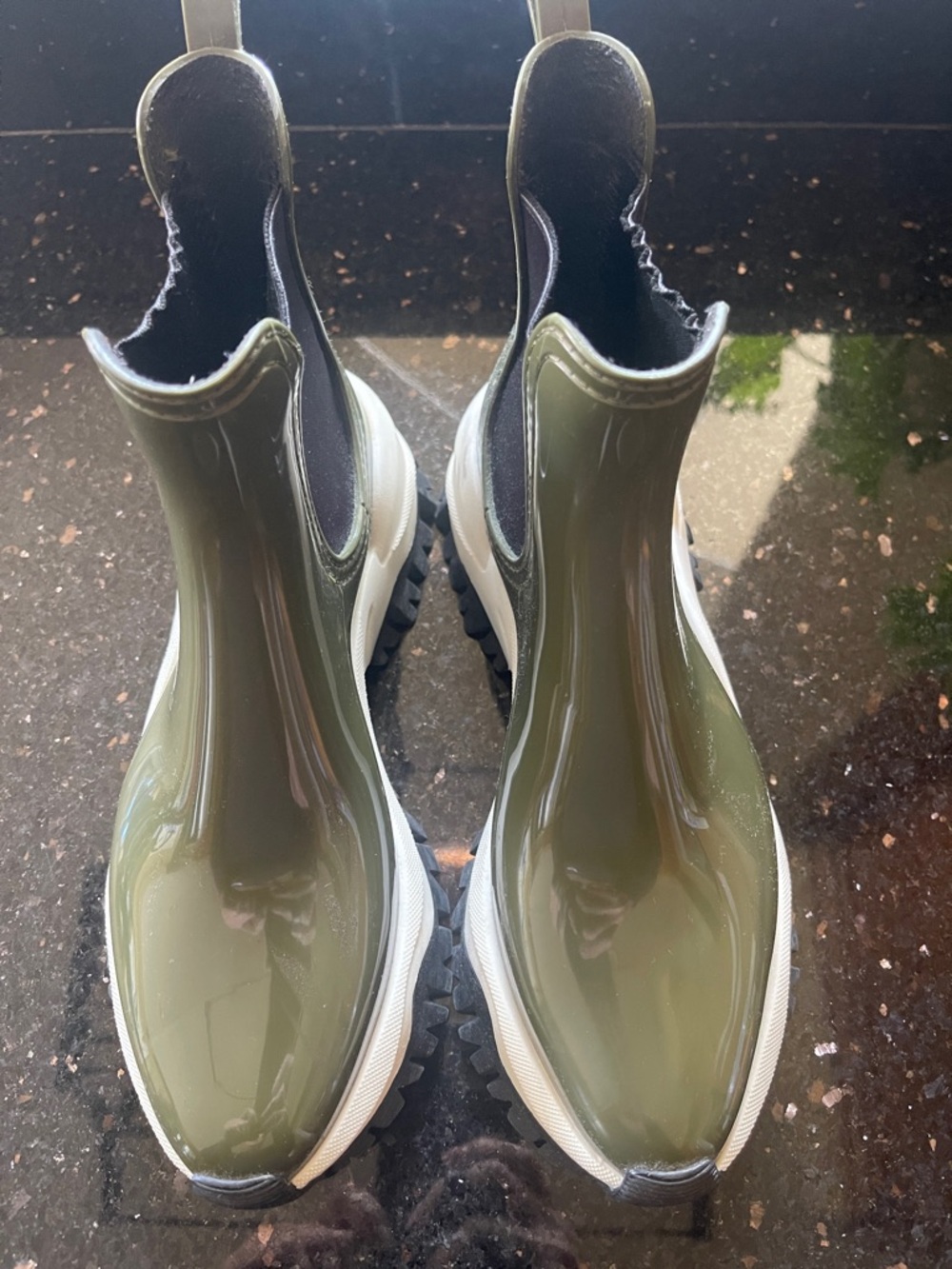 Women's Olive Green Gloss Chelsea Rain Boots — Slip-On Waterproof Comfort